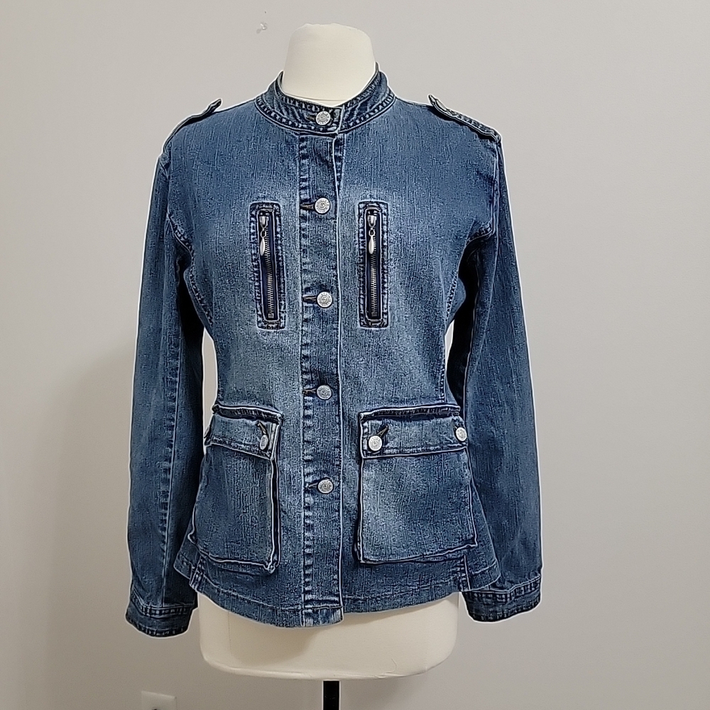 Vintage Adolfo Denim Jacket with Button Accents Size L Linen And Cotton